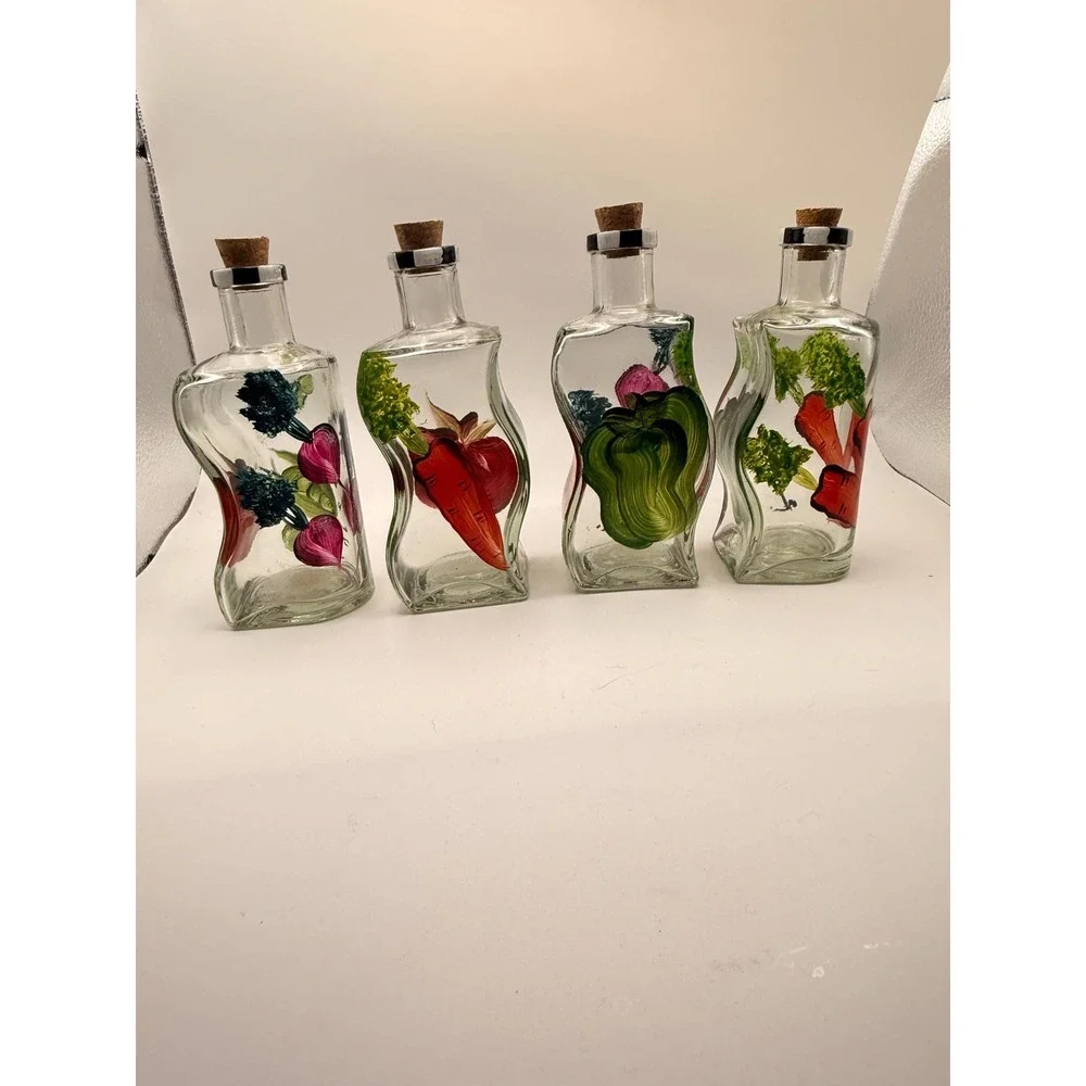 Set of 4 Vintage 80s 90s Cruet Vinegar Oil Handpainted Glassware with Cork Top